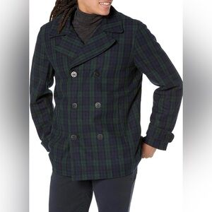 Amazon Essentials Men's Double-Breasted Heavy Wool Blend Peacoat Black Plaid​​